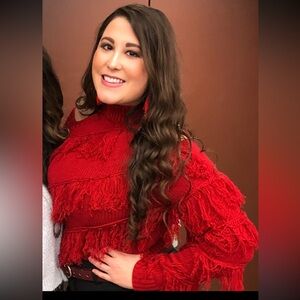 Boutique Red Fringe Knit Sweater.